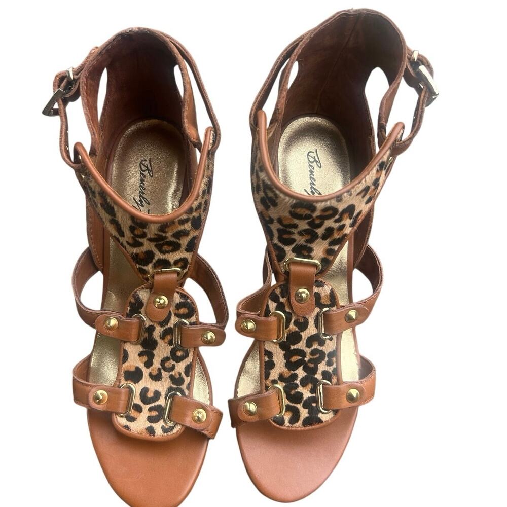 Beverly Feldman Leopard Calf Hair Strappy Heels Brown Gold Y2K Size 8.5M - Picture 3 of 9